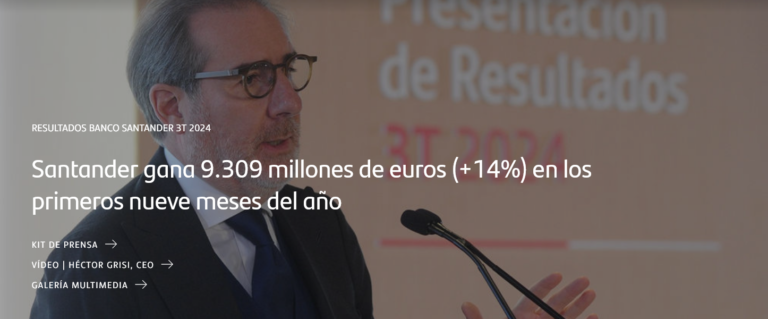 Santander gana 9.309 millones de euros (+14%) en los primeros nueve meses del año